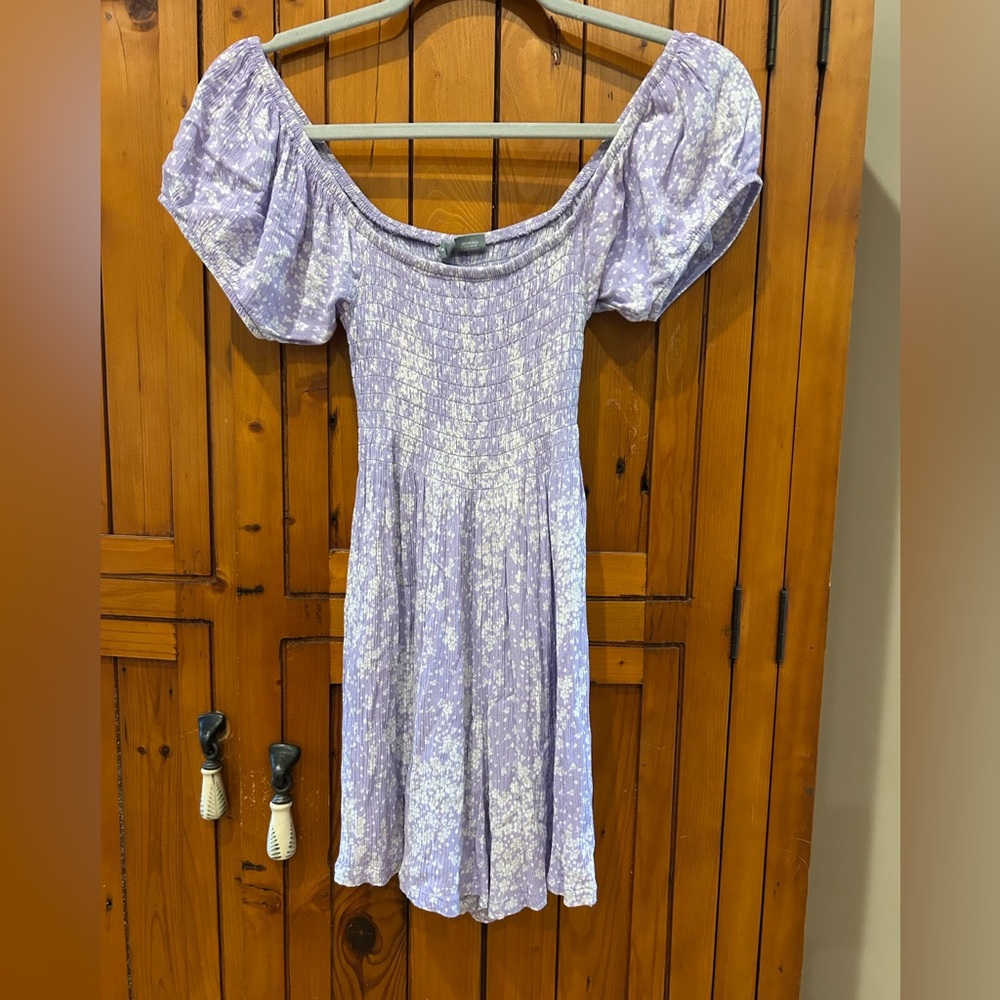 Sky and Sparrow Lavender Off-Shoulder Mini Romper
